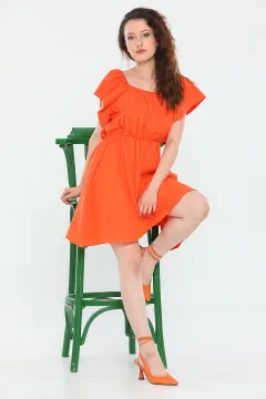 Kadın Kare Yaka Kol Volanlı Yazlık Mini Elbise Orange