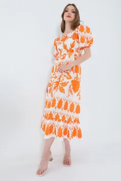 Kadın Kare Yaka Prenses Kol Desenli Midi Boy Elbise Orange
