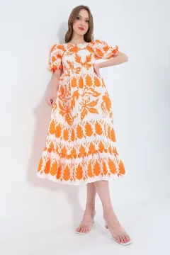 Kadın Kare Yaka Prenses Kol Desenli Midi Boy Elbise Orange