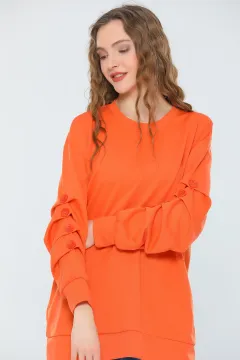 Kadın Likralı Oversize Bisiklet Yaka Kol Drapeli Mevsimlik Sweatshirt Orange