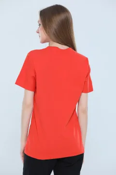 Kadın Oversize Likralı Bisiklet Yaka Basic T-shirt Orange