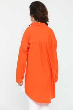 Kadın Oversize Uzun Kollu Renk Bloklu Gömlek Orange