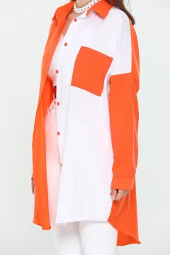 Kadın Oversize Uzun Kollu Renk Bloklu Gömlek Orange