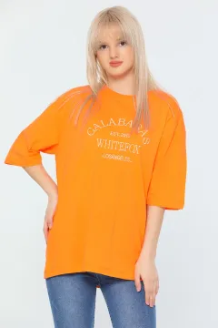Kadın Salaş Bisiklet Yaka Galabasas Baskılı T-shirt Orange