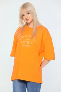 Kadın Salaş Bisiklet Yaka Galabasas Baskılı T-shirt Orange