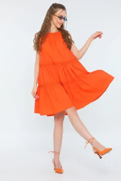 Kadın Sıfır Kol Boyundan Ayarlanabilir Bağlamalı Yazlık Salaş Elbise Orange
