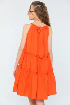 Kadın Sıfır Kol Boyundan Ayarlanabilir Bağlamalı Yazlık Salaş Elbise Orange