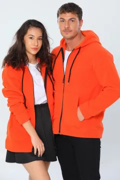 Erkek Likralı Sevgili Kombini Kapüşonlu Polar Sweatshirt Orange