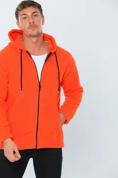 Erkek Likralı Sevgili Kombini Kapüşonlu Polar Sweatshirt Orange