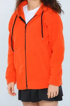 Kadın Sevgili Kombini Kapüşonlu Fermuarlı Polar Sweatshirt Orange