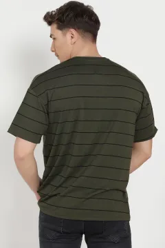 Oversize Çizgili Erkek T-shirt Haki