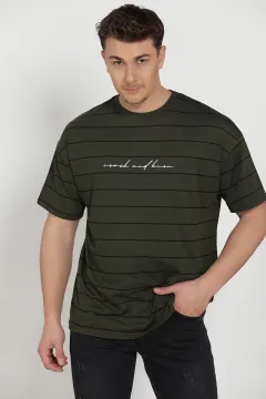 Oversize Çizgili Erkek T-shirt Haki