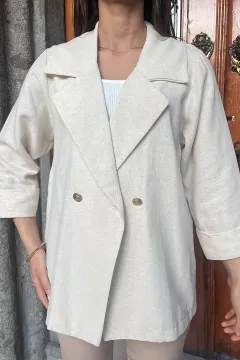 Oversize Keten Blazer Kadın Ceket Krem