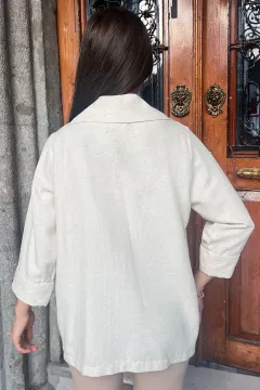 Oversize Keten Blazer Kadın Ceket Krem