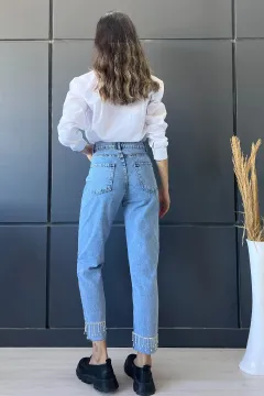 Paça Taş İşlemeli Yüksek Bel Kadın Jean Kot Pantolon Mavi