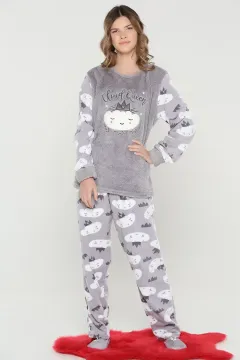 Patikli Peluş Pijama Takımı Gri