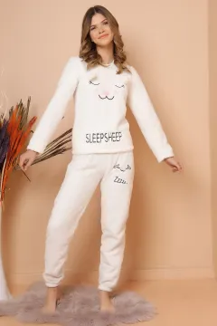 Peluş Pijama Takım Ekru
