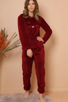 Peluş Pijama Takım Bordo