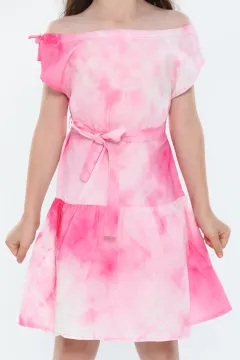 Kız Çocuk Ayarlanabilir Yaka Büzgülü Batik Desenli Elbise Pembe