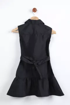 Polo Yaka Çift Cepli Etek Ucu Pileli Kuşaklı Kız Çocuk Paraşüt Kumaş Elbise Siyah