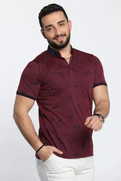 Polo Yaka Desenli Ön Düğmeli Erkek Tişört Vişne