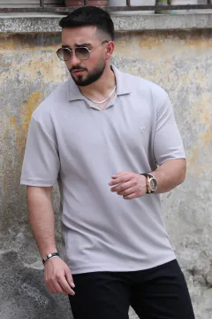 Polo Yaka Likralı Basic Erkek Tişört Gri