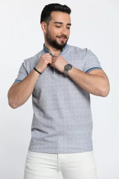 Polo Yaka Ön Düğme Detaylı Desenli Erkek Tişört Lacivert