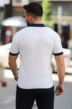 Polo Yaka Yarım Düğmeli Likralı Erkek Tişört Beyazlacivert