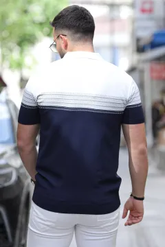 Polo Yaka Yarım Fermuarlı Erkek Kısa Kol Triko Tişört Krem