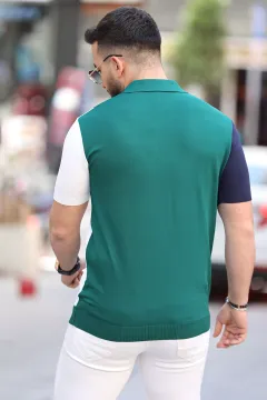 Polo Yaka Yarım Fermuarlı Renk Bloklu Erkek Likralı Tişört Yeşil