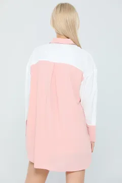 Kadın Renk Bloklu Gömlek Tunik Pudra