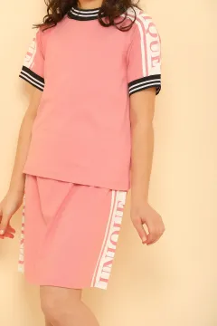 Kız Çocuk Likralı T-shirt Etek İkili Takım Pudra