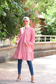Kadın Modest Tesettür Gömlek Tunik Pudra