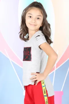 Pul Payetli Kız Çocuk T-shirt Gri