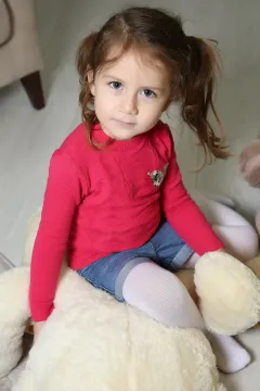 Pullu Kız Çocuk Triko Kazak Fuşya