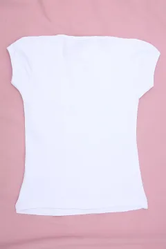 Püsküllü Simli Kız Çocuk T-shirt Beyaz