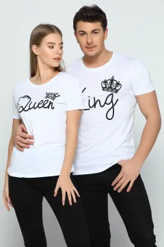Queen Baskılı Sevgili Kombin Bayan T-shirt Beyaz