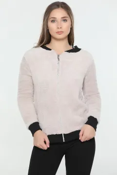 Ribanalı Peluş Sweatshirt Bej