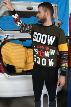 Baskılı Renk Bloklu Erkek Sweatshirt Haki