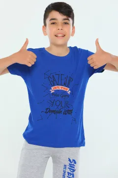 Erkek Çocuk Likralı Bisiklet Yaka Baskılı T-shirt Saksmavisi