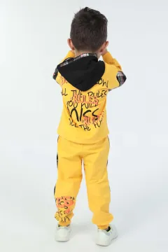 Erkek Çocuk Kapüşonlu Baskılı Ekose Desenli İkili Takım Sarı