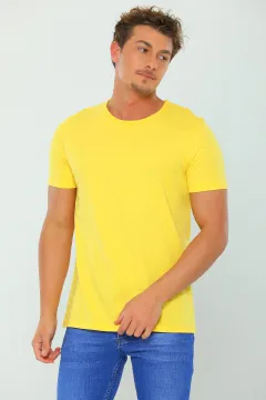 Erkek Likralı Bisiklet Yaka Basic T-shirt Sarı