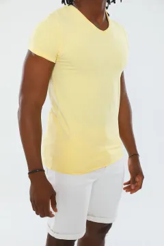 Erkek Likralı V Yaka Slim Fit Basic Body T-shirt Sarı
