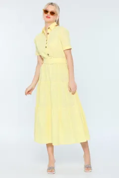 Kadın Gömlek Yaka Kısa Kollu Keten Yazlık Elbise Sarı