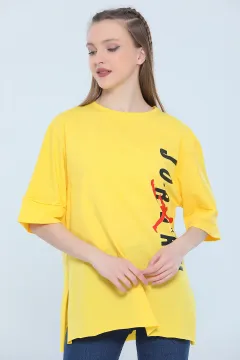 Kadın Likralı Bisiklet Yaka Duble Kol Yırtmaçlı Baskılı Salaş T-shirt Sarı