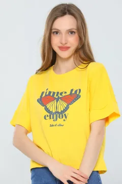 Kadın Likralı Bisiklet Yaka Duble Kol Baskılı T-shirt Sarı