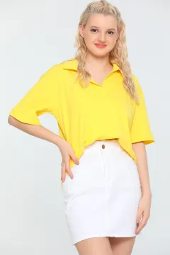Kadın Likralı Polo Yaka Salaş Bluz Sarı