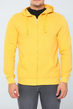 Erkek Kapüşonlu Fermuarlı Basic Sweatshirt Sarı