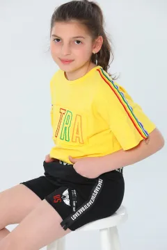 Kız Çocuk Likralı Bisiklet Yaka Bel Detaylı T-shirt Sarı