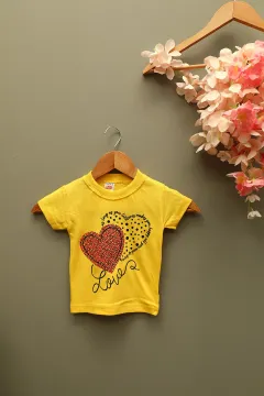Kız Çocuk Likralı Bisiklet Yaka Kalp Baskılı T-shirt Sarı